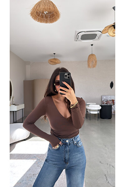 Buket Teke Brown V-Neck Polyamide Bodysuit