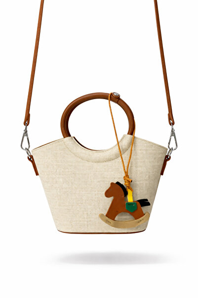 Mixray 2052 Straw Touch Charm Accessory Mini Women's Shoulder Bag Ecru