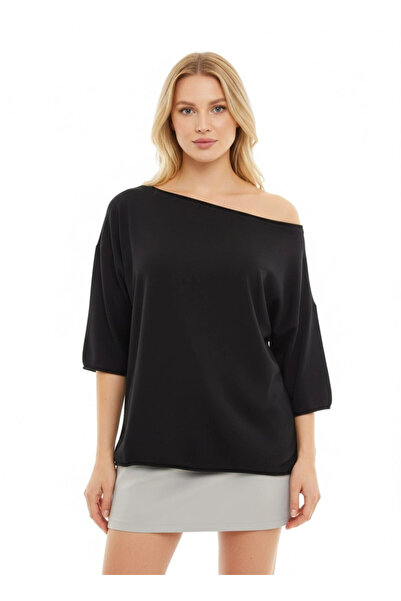 Cool & Sexy Kayık Yaka Oversize Black Blouse