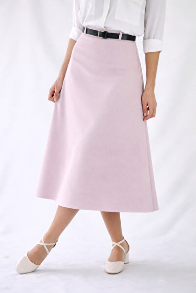 YAXİ Belted Detail Midi Length Loose Pink Leather Skirt