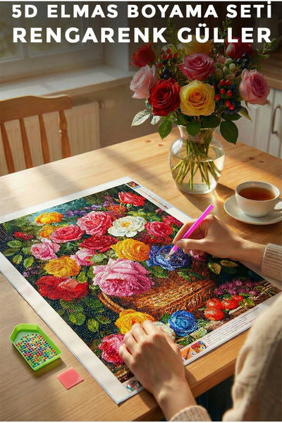Haneliya Rengarenk Güller - 5D Diamond Elmas Boyama Seti Sayılarla Boncuk Diz...
