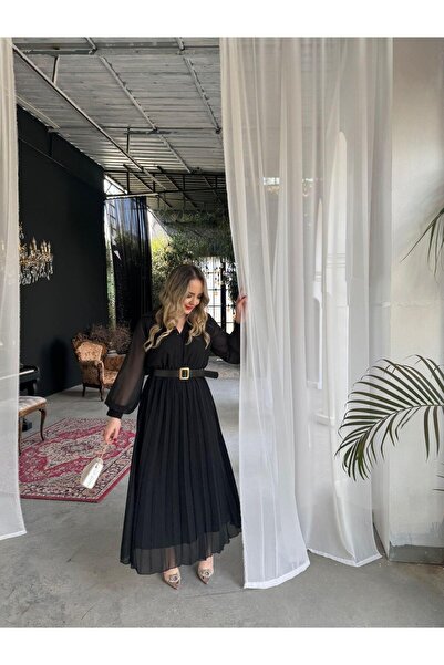 Byelifdursun Carmen Piliseli Kemerli Şifon Elbise Siyah