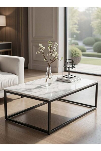 Generic Modern Rectangular Coffee Table - White Marble Print Top with Upgrade...