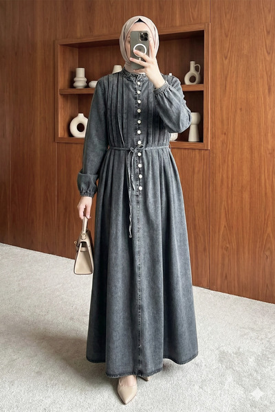 MODAQU Ribbed Detailed Buttoned Lace-Up Long Denim Dress - Smoked