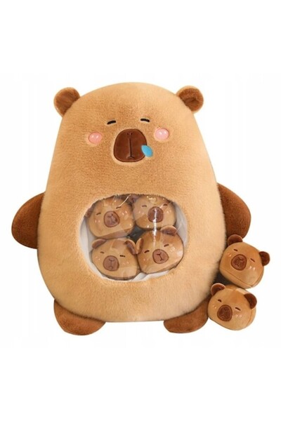 OEM Kapibara Pudding Plush Toy, 50cm, 6 mini plushies, brown color