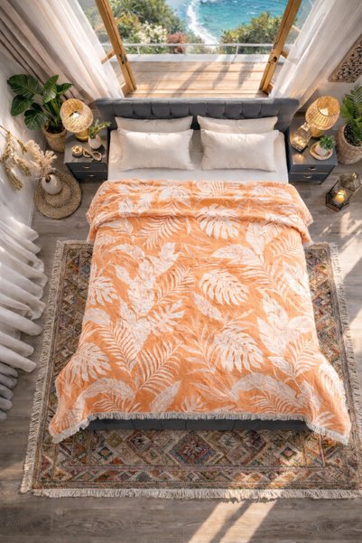 SHAL HOME 100% Cotton Jagarlı Muslin Double Bedspread-200X230Cm