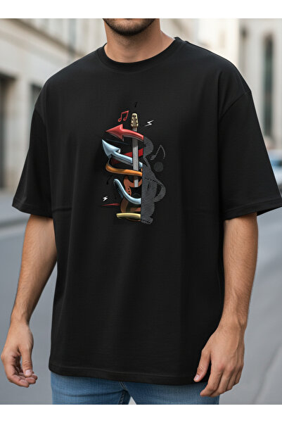ship master Black Men's 100% Cotton Oversize T-Shirt with Guitar and Music No...
