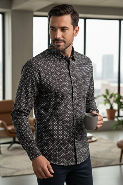 DİO قميص رجالي فاخر بطبعة هندسية - قميص رسمي كاجوال قصة ضيقة وأكمام طويلة