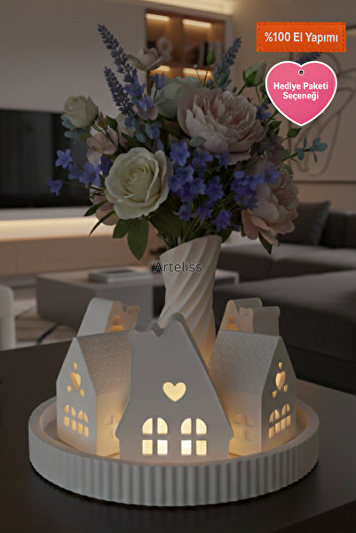 Arteliss Işıklı Evler & Vazo Dekoratif Set – Tepsili Mumluk Seti | Romantik S...