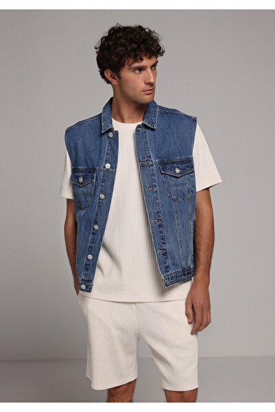 Colin's Oversize Fit Classic Collar Buttoned Unlined Men's Mid Indigo Denim Vest