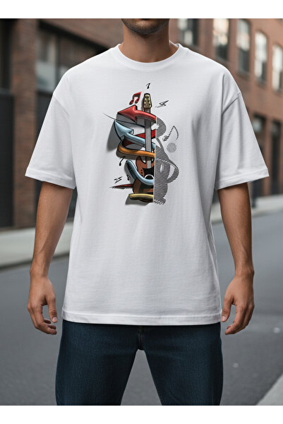 ship master White Men's 100% Cotton Oversize T-Shirt with Guitar and Music No...