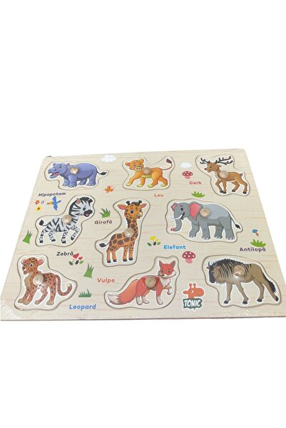 ADIRI SHOP Puzzle din lemn cu butoni – Joc educativ Animale sălbatice, în lim...