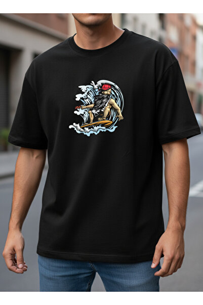 ship master Men's Black Surf Patterned 100% Cotton Oversize T-Shirt