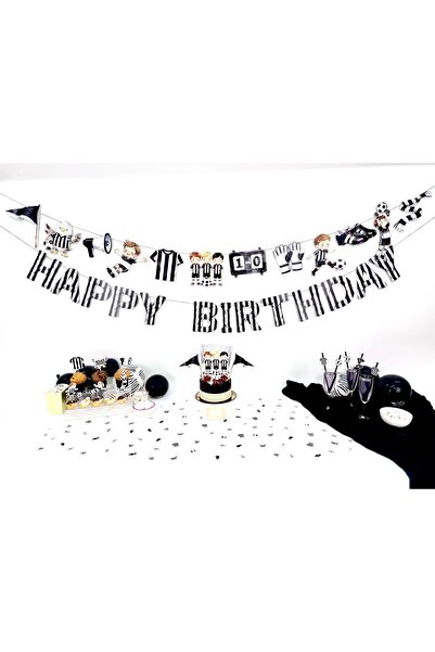 Flu Party مجموعة عيد ميلاد بتصميم أسود وأبيض - مجموعة حفلات بمفهوم كرة القدم