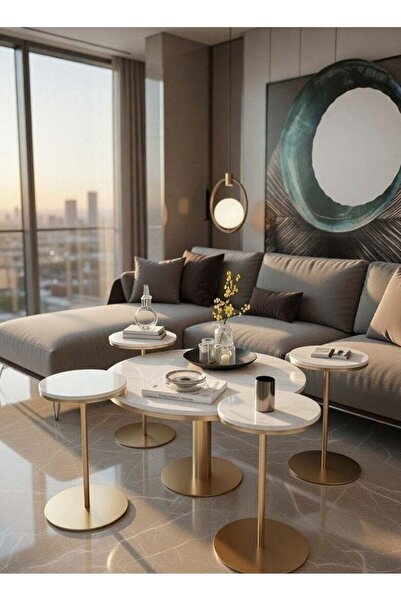 Generic Luxury 5-Piece Modern Coffee Table Set - White Marble-Look Top with E...
