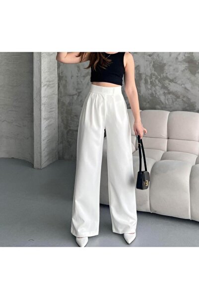 AXXAN Women's White Palazzo Pants with Velcro Zipper and Wide Leg Women's Pants
