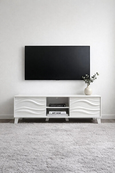 MARIA HOMES Modern White TV Unit 160cm Entertainment Center with 3D Wave Patt...
