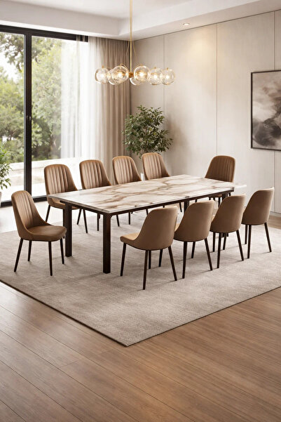 MARIA HOMES Modern 11-Piece Dining Room Set Marble Pattern Table 225cm with 1...