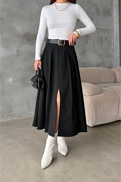 modazoom Women's Slit Pleated Belted Skirt