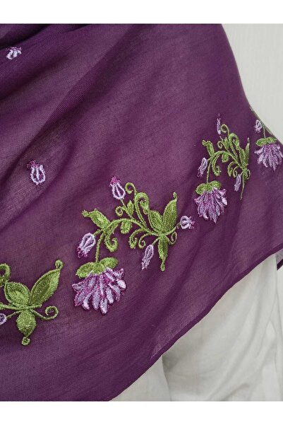 BAŞ TASARIM Purple Cotton Flowering Embroidered Cotton Shawl Hijab