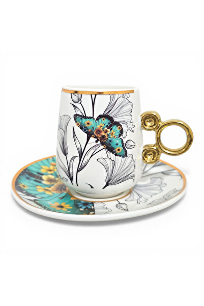 Sudedi Home 1 Kişilik Türk Kahvesi Fincan Takımı Kelebek Desenli Altın Detayl...
