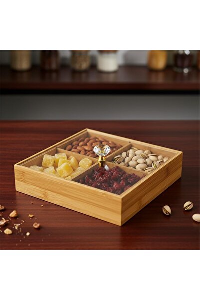 AyrStore Bambu Bölmeli Kristal Kapaklı Sunumluk, Kuru Meyve, Kuru Yemiş ve Dr...