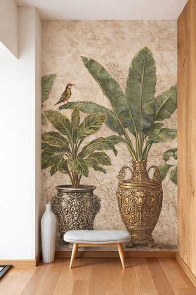 dekoartizan Tropikal 2 Saksılı Çiçekler. Tek Parça Tekstil Duvar Kağıdı.