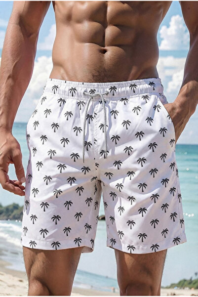 MADZEYMODA Lined White Men's Swim Shorts Elastic Lace-Up Short Length Pattern...