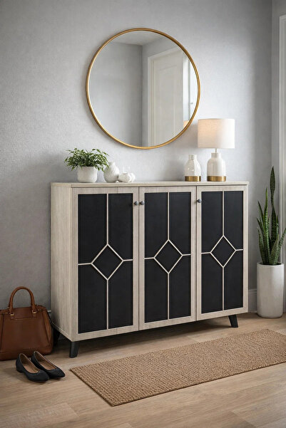 MARIA HOMES Stylish 3-Door Shoe Storage Cabinet Geometric Design Beige and Bl...