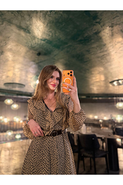 Store Fırfırlı Puantiyeli Kemerli Şifon Elbise