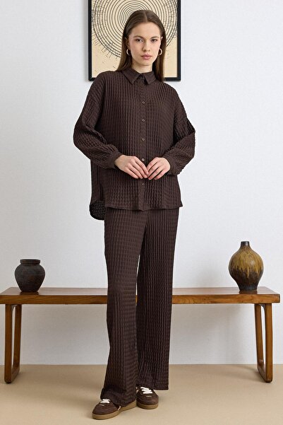 Olcay Self-Patterned Shirt and Trousers Two-Piece Set Brown 9412-Tk