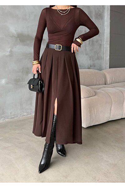 modazoom Women's Slit Pleated Belted Skirt