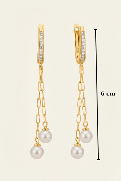 bymissmücevherat 925 Ayar Gümüş Özel Üretim 6 mm İnci Sallantılı Küpe 6 cm Çift Zincirli Kadın Küpe