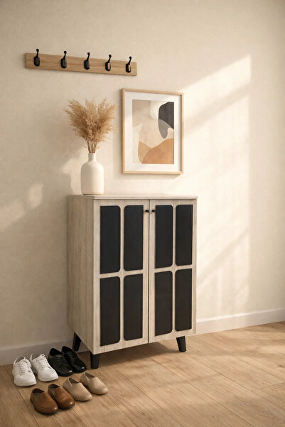 MARIA HOMES Modern Grey Wooden Shoe Cabinet 2-Door Storage Organizer with Dar...