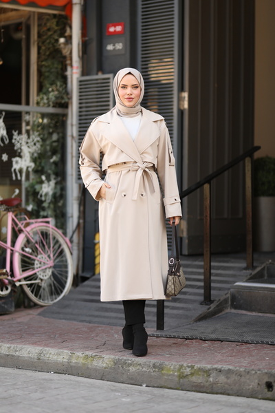 Nevnihal Düğmeli Kemerli Trençkot Krem