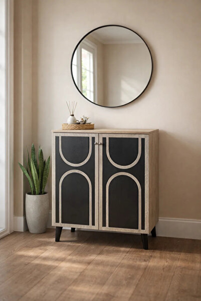 MARIA HOMES Stylish Beige Shoe Cabinet with Black Geometric Accents for Moder...