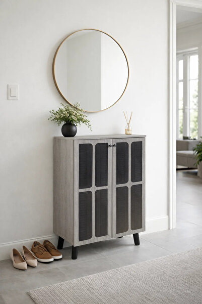 MARIA HOMES Stylish Grey Wooden Shoe Cabinet 2-Door Entryway Organizer with M...