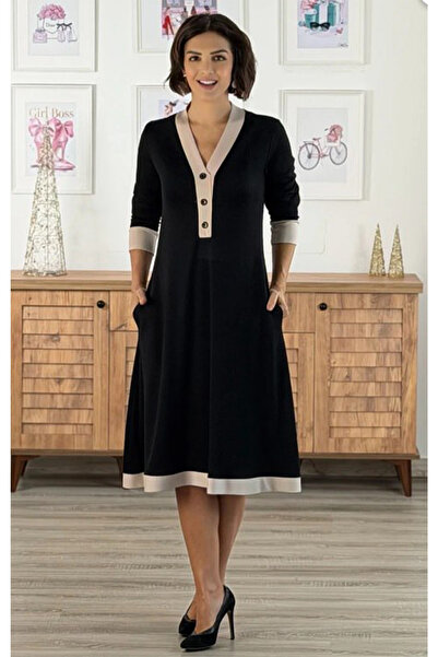 AYASOFYA OTANTIK Women's Black Buttoned V-Neck Midi Dress