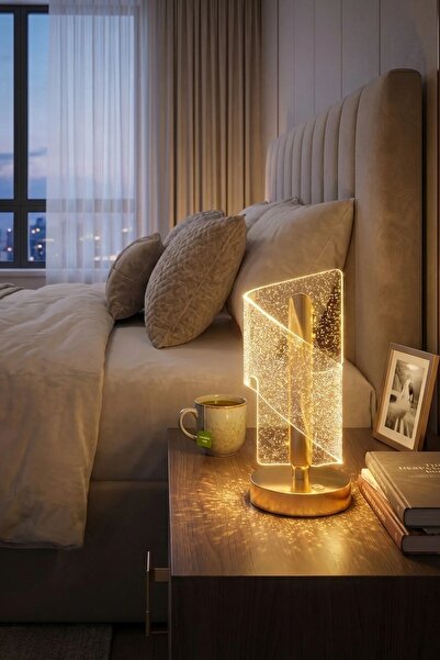 Buffer ® Çapraz Kavisli Kristal Simli LED Masa Lambası – Gold Gövdeli, Dokunm...
