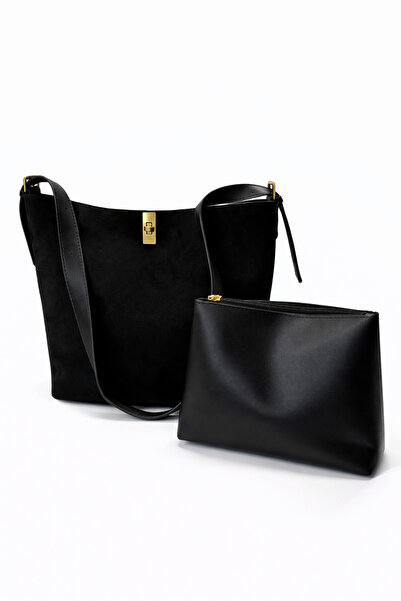 Mixray 2053 Suede Large Shoulder Bag and Leather Mini Inner Bag Set of 2 Black