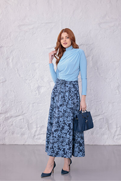 Yeys Shop Mavi Çiçek Detaylı Gabardin Etek