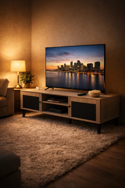 MARIA HOMES Modern Beige TV Stand Media Console with Storage Cabinet and Shel...