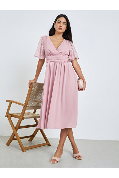 Styli Pink Printed Short Sleeves A-Line Midi Dress