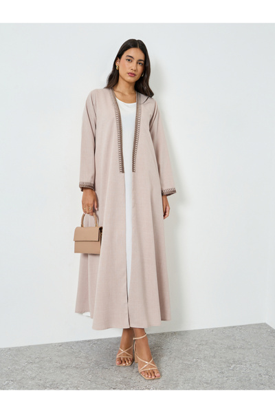 Amirah By Styli Beige Embroidered Open Front Abaya