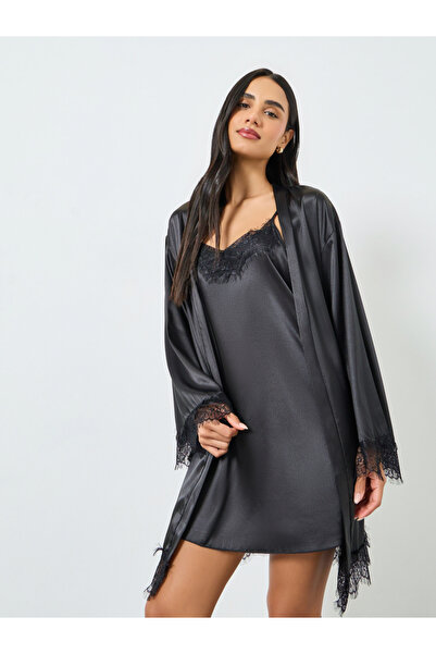 Take Two By Styli Black Lace Trim Robe and Slip Dress Set