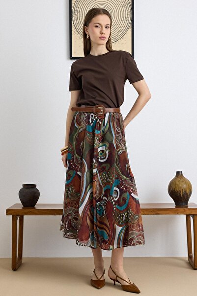 Olcay Ethnic Pattern Chiffon Skirt with Belt Accessories Brown 7073