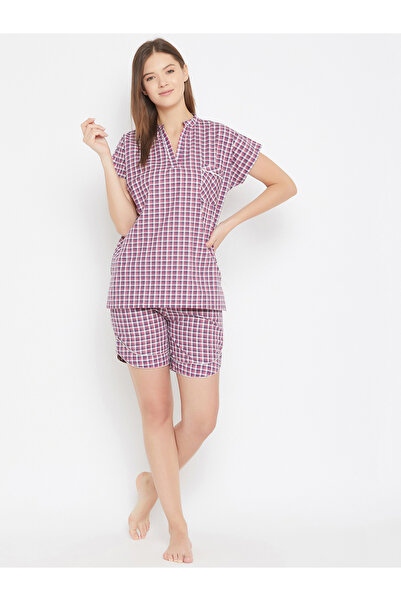 The Kaftan Company By Styli Purple Cotton Checked Top and Shorts Set