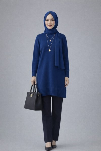ModaAzen Cobalt Blue Crew Neck Oversized Women's Knitwear Tunic