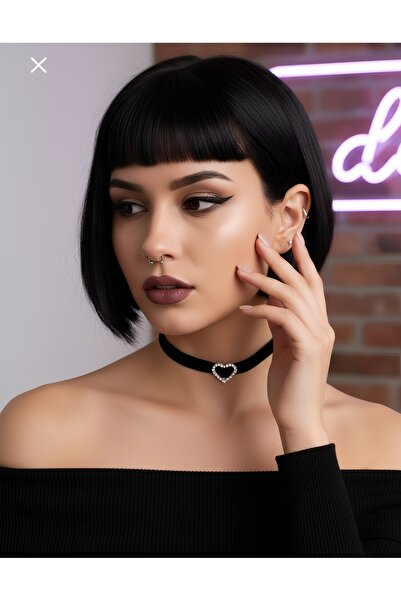 Corvus kolye&bileklik Siyah Işıltılı Kalp Choker Tasma