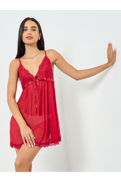 Take Two By Styli Red Lace Trim Bow Detail Slip Dress